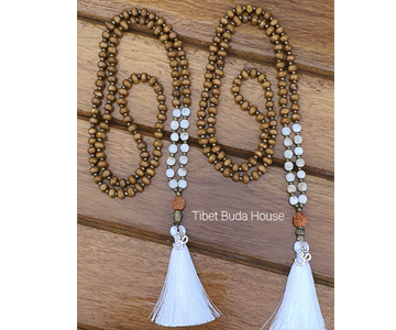 JAPA MALA BUDISTA MADERA Y CUARZO BLANCO